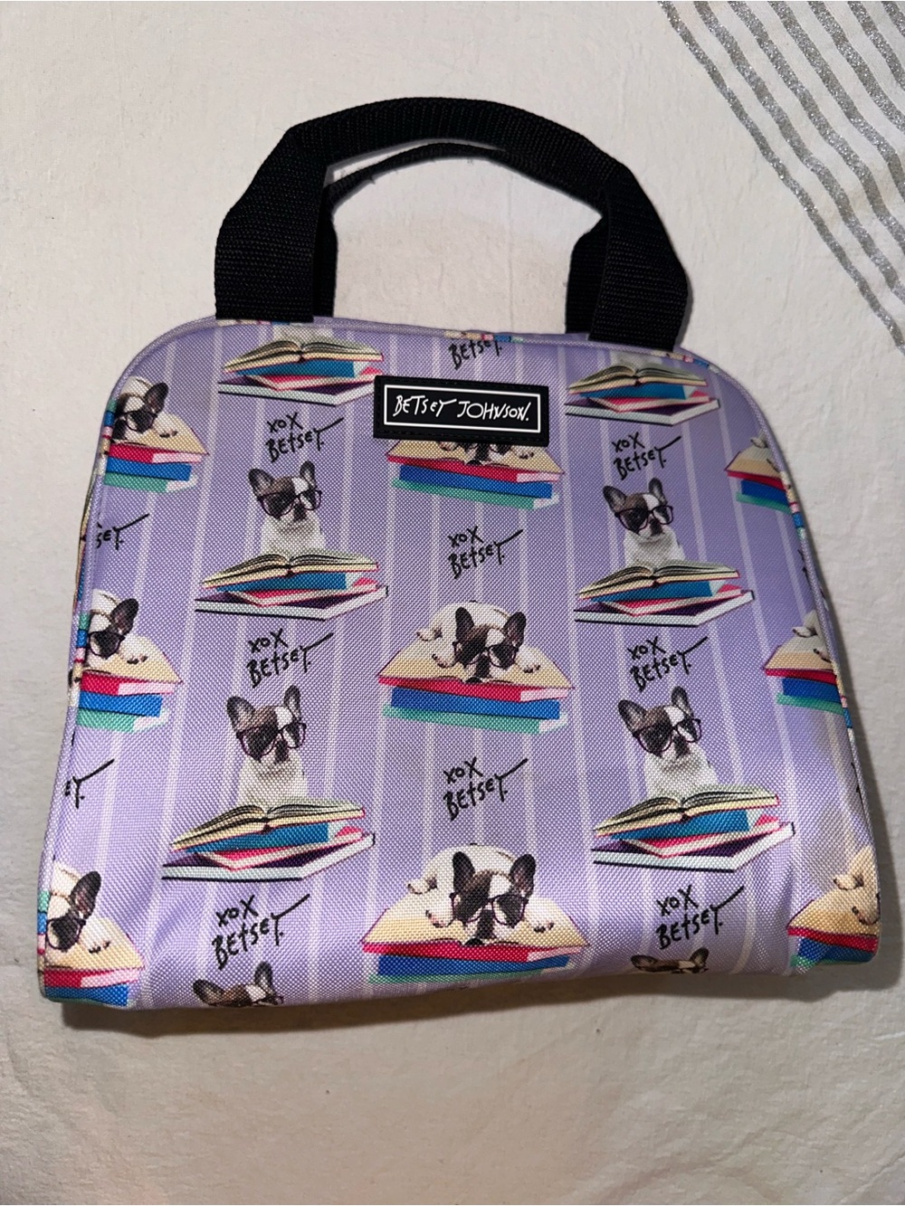 Betsey Johnson Purple Bulldog Insulated Lunch Bag